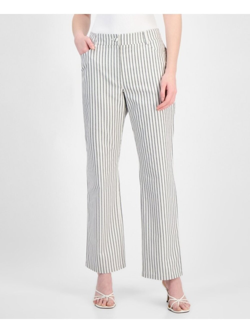 T Tahari Women Striped Cotton Straight-Leg Pants White Black Black Size 2 $98